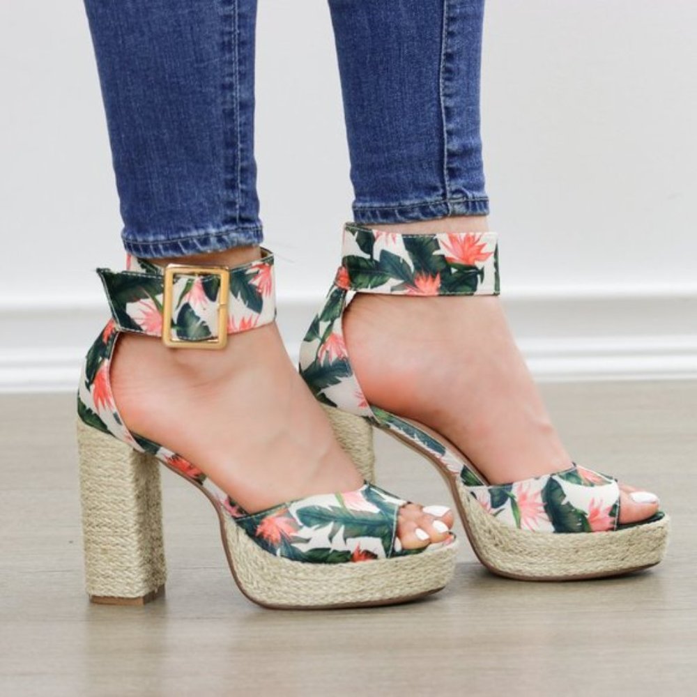 Floral Print Platform Espadrilles, Ankle Buckle - Picture 2 of 10